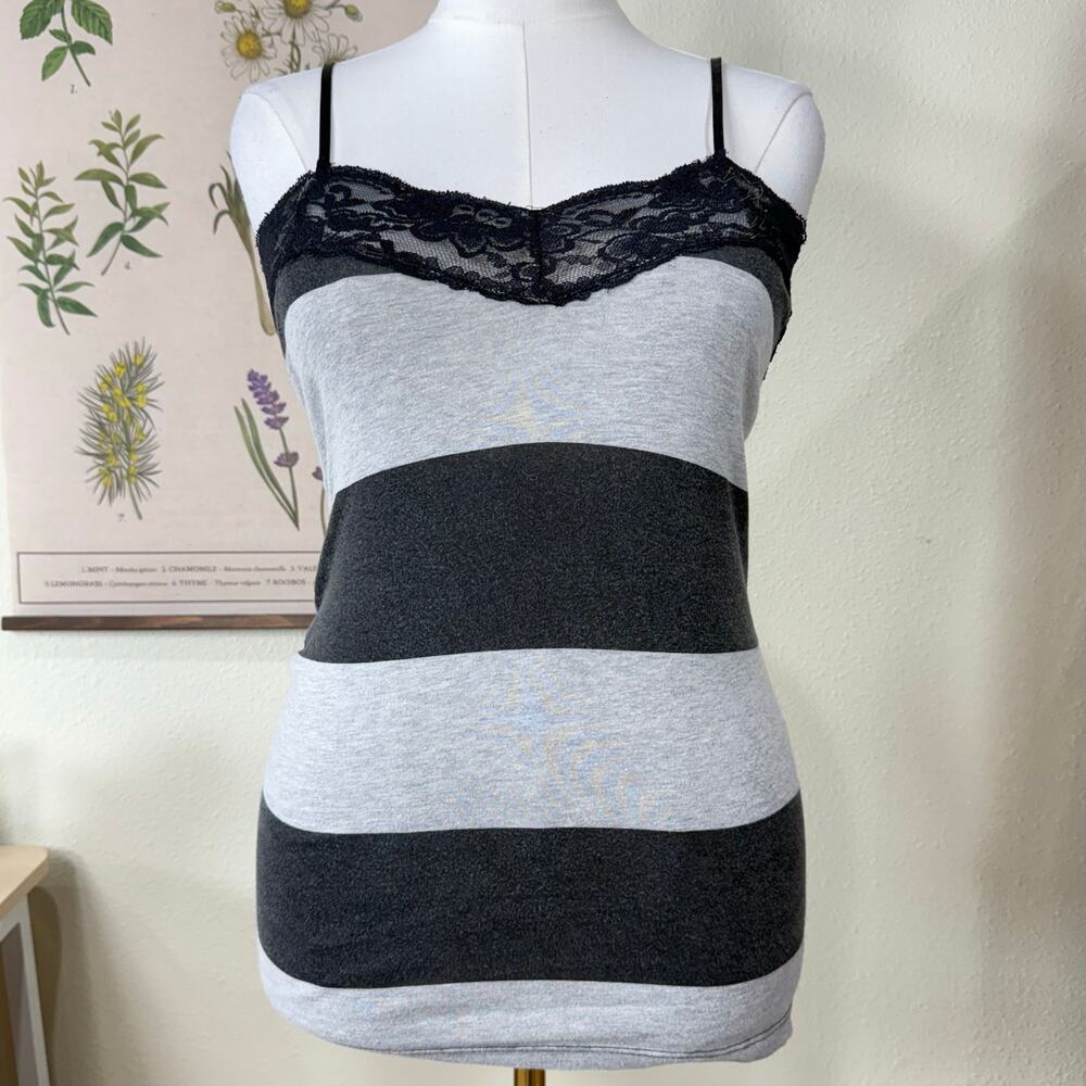 Y2k Striped Lace Trim Cami Top Indie Sleaze Trashy Fairy Grunge Dark Coquette M